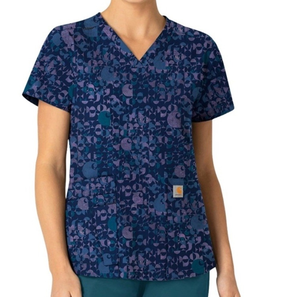 NEW Carhartt Women's V-Neck Print Scrub Top in Geo Logo Navy Small‎